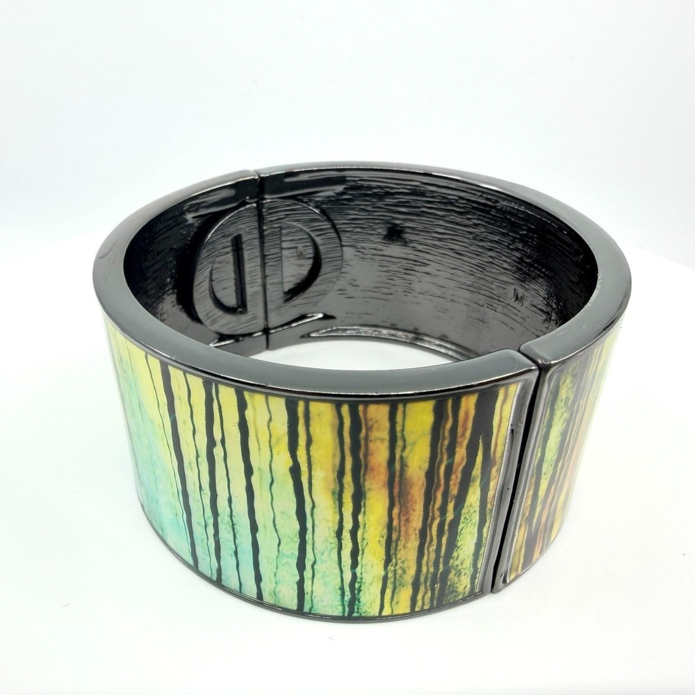 Vintage Green Enamel Panel Stretch Bracelet Abstract Pattern Chunky Retro Boho‎